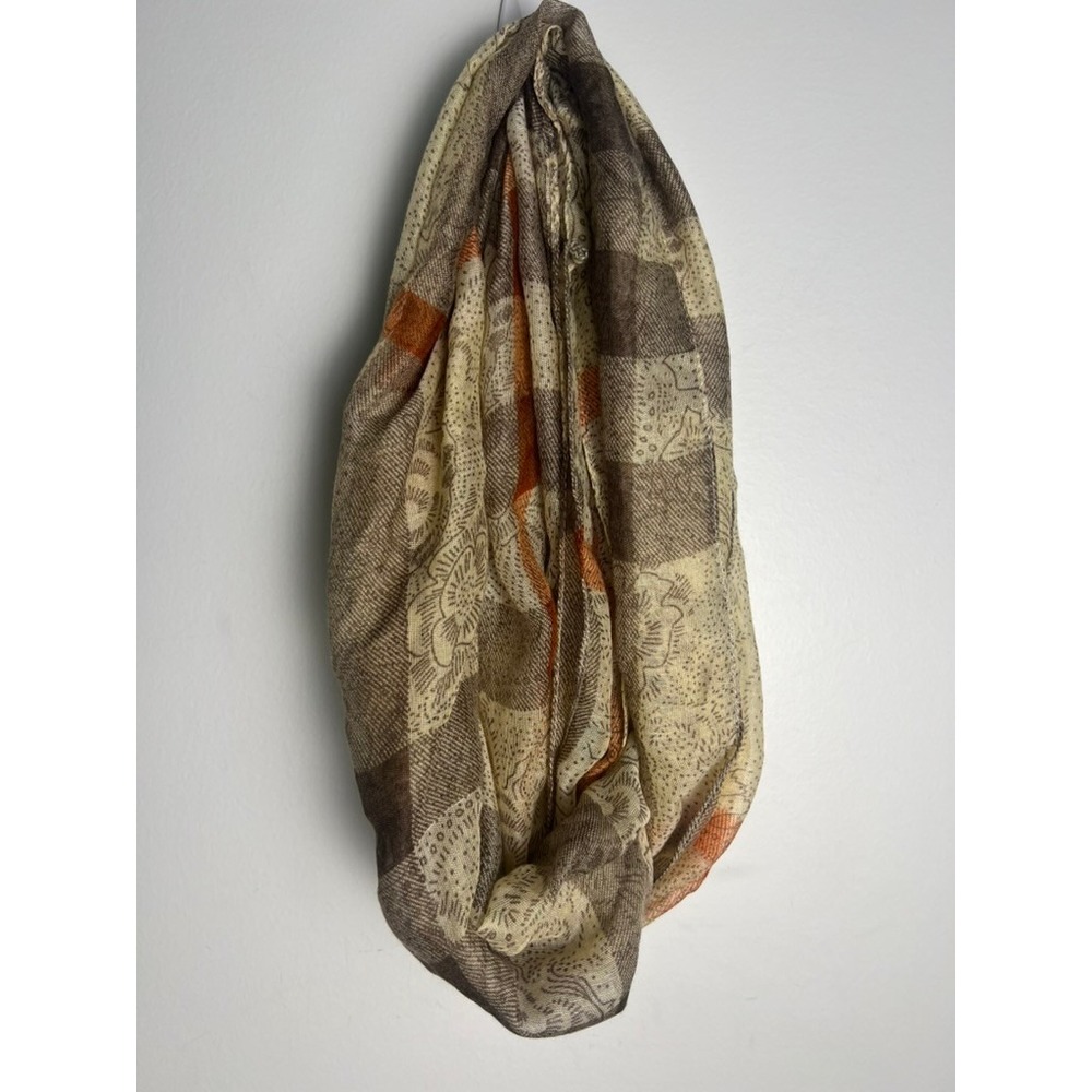 Vivian‎ & Vincent Infinity Scarf Brown Orange Floral Plaid Mixed Print Viscose